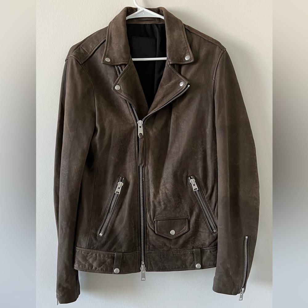 AllSaints Milo Men’s Leather Jacket Brown in Size Small